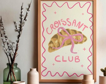 Croissant Club Wall Art | French Pastry Print | Bow Croissant Illustration | Trendy Kitchen Decor