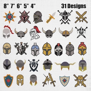 Könnte beinhalten: Eine Sammlung von 31 Designs mit mittelalterlichen Helmen, Schilden und Waffen. Die Designs umfassen Helme mit Hörnern, Kämmen und Visieren sowie gekreuzte Schwerter und Äxte. Das Bild enthält auch die Maße 20 cm, 18 cm, 15 cm, 13 cm und 10 cm.