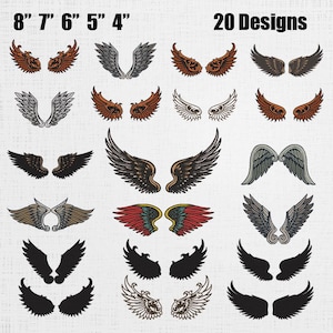 May include: A collection of 20 wing designs in various styles and colors, ranging from detailed feather patterns to simple silhouettes. Sizes are indicated from 4 to 8 inches. The image includes the text "20 Designs" and size measurements.
