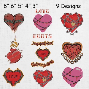 May include: Nine heart designs with various styles. Some hearts are red, pink, or brown, with barbed wire, chains, and flames. The word "LOVE" and "HURTS" are also displayed. Measurements are shown in inches.