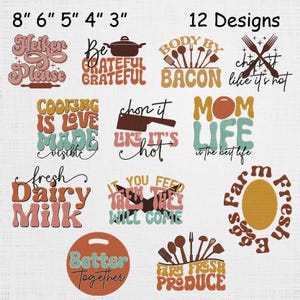 Peut inclure: Douze motifs sur le thème de la cuisine avec du texte et des graphiques. Les motifs incluent des phrases telles que "Heiker Please", "Body by Bacon" et "Farm Fresh Eggs". L'image montre également des mesures de 7.6 cm à 20.3 cm.