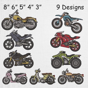 Op de afbeelding: Negen motorfietsontwerpen in verschillende kleuren, waaronder geel, blauw, rood en groen. De afbeelding bevat de tekst "8" 6" 5" 4" 3"" en "9 Designs."