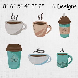 May include: Six coffee cup designs are shown, ranging from 5 to 20 cm in size. The cups are in various colors, including white, tan, and teal, with steam rising from the coffee. The text "6 Designs" is visible.