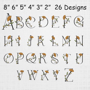May include: A full alphabet of capital letters, each adorned with floral designs. The letters are black, with orange and green floral accents. The image includes the text "8" 6" 5" 4" 3" 2" 26 Designs".