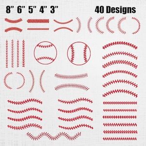 May include: A collection of 40 baseball-themed designs in red, including curved lines, baseball stitching patterns, and two baseball illustrations. The designs are labeled with measurements ranging from 3 to 8 inches.