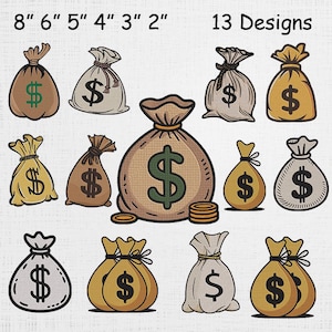 Puede incluir: Una colección de 13 diseños de bolsas de dinero, cada una con un signo de dólar. Las bolsas varían en color, incluyendo marrón, beige y amarillo, con signos de dólar verdes y negros. Tamaños de 5 cm a 20 cm.