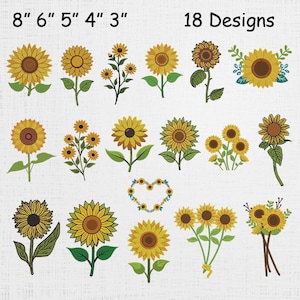 Peut inclure: Une collection de 18 motifs de tournesols. Les tournesols sont jaunes avec des centres bruns et des feuilles vertes. Les motifs varient en taille de 7.6 à 20.3 cm. Le texte "18 Designs" est en haut.