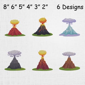 May include: Six embroidered volcano designs in various colours, including red, black, blue, and brown. Each volcano has a cloud or explosion at the top, and the image includes the text "8" 6" 5" 4" 3" 2" 6 Designs."