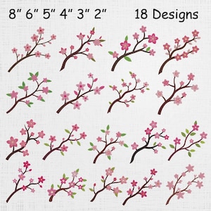 Broderidesign med körsbärskvistar - Maskinbroderi med sakurablomgrenar - Mönster med vårkörsbärskvistar - 18 designer i 6 storlekar