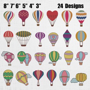 May include: A collection of 24 hot air balloon designs in various colors and patterns. The balloons range in size from 3 to 8 inches. Each balloon has a basket and some have clouds. The text "24 Designs" is at the top.