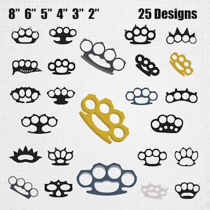 May include: A digital collection of 25 brass knuckle designs in various shapes and styles, including solid black, gold, and blue textured versions. The image features text labels 8" 6" 5" 4" 3" 2" and 25 Designs, showcasing diverse silhouettes.