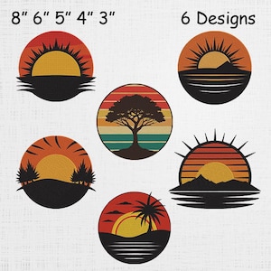 Może przedstawiać: Sześć okrągłych wzorów przedstawiających sceny zachodu słońca z drzewami, górami i wodą. Wzory są w odcieniach pomarańczowego, żółtego i czarnego. Rozmiary od 7.6 do 20.3 cm.