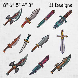 May include: Eleven unique dagger designs are displayed, with sizes ranging from 3 to 8 inches. Each dagger features a distinct blade shape and handle design, showcasing a variety of colors including silver, gold, red, and green. The text "11 Designs" is visible.