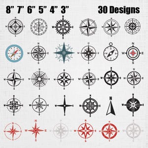 May include: A collection of 30 compass designs in various styles and colors, including black, red, and blue. The designs are arranged in rows and columns, with sizes ranging from 3 to 8 inches.