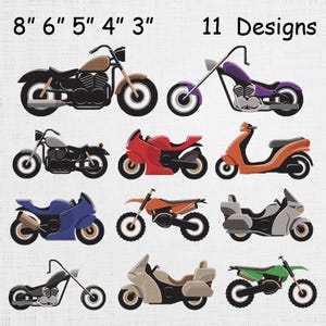 Może przedstawiać: Obraz przedstawiający 11 wzorów motocykli w różnych kolorach, w tym czarnym, brązowym, czerwonym, fioletowym, niebieskim, pomarańczowym i zielonym. Wzory obejmują klasyczne cruisery i nowoczesne motocykle sportowe. Widoczny jest tekst "8" 6" 5" 4" 3"" i "11 Designs".