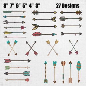 Arrow Embroidery Set -  Vintage Arrow Machine Embroidery - Feather Arrow Stitch Pattern  - 27 Designs 6 Sizes