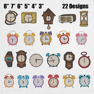 May include: A collection of 22 clock designs, including alarm clocks, digital clocks, and a cuckoo clock. The clocks vary in style, color, and size, with measurements ranging from 3 to 8 inches. The image includes the text "22 Designs".