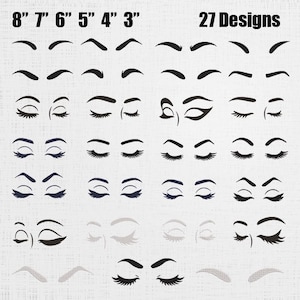 May include: A collection of 27 eyebrow and eye designs in black, gray, and blue. The designs are labeled with measurements from 3 to 8 inches. The text "27 Designs" is also present.