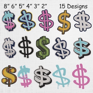 May include: Fifteen embroidered dollar sign patches in various colors and styles. Designs include pink, blue, yellow, green, and black. Sizes range from 2 to 8 inches.