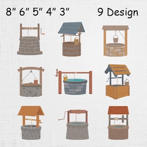 May include: Nine different designs of well illustrations, each with a unique style. The wells vary in size, with the largest measuring 8 inches in height and the smallest 3 inches. The image includes text that reads "9 Design".