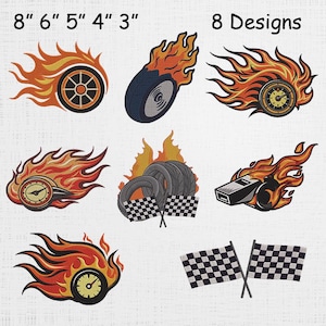 May include: Eight embroidered designs featuring racing themes. Designs include flaming tires, a stopwatch, a whistle, and checkered flags. The designs range from 3 to 8 inches in size. The text "8 Designs" and measurements are visible at the top of the image.