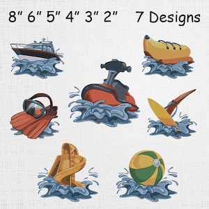 May include: Embroidered designs featuring a boat, jet ski, diving mask and fins, a banana boat, surfboard, water slide, and beach ball. The text above reads "8" 6" 5" 4" 3" 2" 7 Designs".