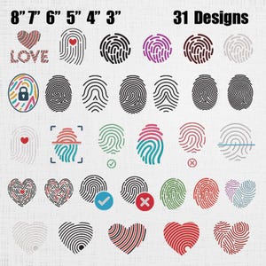 May include: A collection of 31 fingerprint designs in various colors and styles. The designs include heart shapes, lock shapes, and traditional fingerprint patterns. The image also includes the text "8" 7" 6" 5" 4" 3"" and "31 Designs".