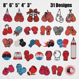 Juego de bordado de guantes de boxeo con lazo - Bordado a máquina de guantes de boxeo colgantes - Patrón de puntada para guantes de deportes de combate - 31 diseños, 5 tamaños