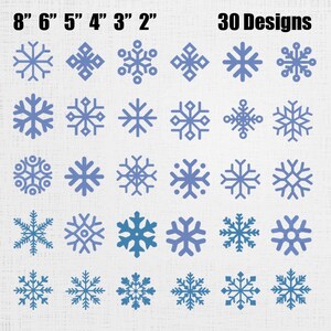 May include: A collection of 30 snowflake designs in various styles and sizes, ranging from 2 to 8 inches. The snowflakes are in shades of blue and are arranged on a white background. The text "30 Designs" is visible.