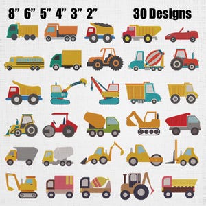 May include: A collection of 30 embroidery designs featuring various construction vehicles and trucks in multiple colors. The image displays text indicating sizes of 8, 6, 5, 4, 3, and 2 inches, along with the text 30 Designs, showcasing diverse heavy machinery.
