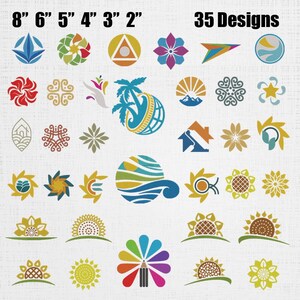May include: A collection of 35 graphic designs featuring various floral, sun, and nature-themed icons in multiple colors. The text 8" 6" 5" 4" 3" 2" and 35 Designs is displayed at the top. The icons include sunflowers, palm trees, and geometric shapes.
