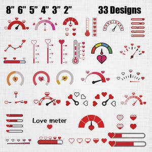 May include: A collection of 33 graphic designs featuring love meters, heart-shaped gauges, and progress bars in red, pink, and grey. The text 8" 6" 5" 4" 3" 2" and 33 Designs appears at the top, with the text Love meter near the bottom left.