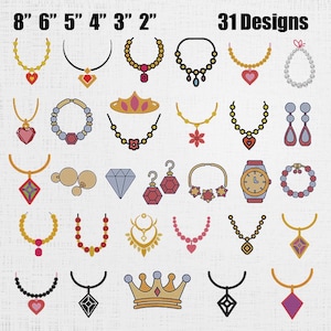 May include: A collection of 31 jewelry designs, including necklaces, bracelets, earrings, and a watch. The necklaces vary in length from 2 to 8 inches. The designs feature hearts, gems, and crowns, in gold, red, and blue.