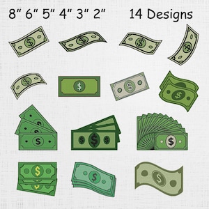 Puede incluir: Una colección de 14 diseños de billetes de diferentes tamaños, de 5 cm a 20 cm. Los billetes son principalmente verdes, con un símbolo de dólar y otros detalles.