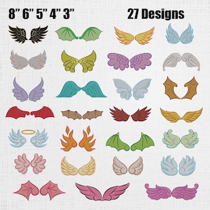Pode incluir: Uma coleção de 27 desenhos de asas bordadas em várias cores e estilos. Os tamanhos variam de 7.6 cm a 20.3 cm. As asas incluem desenhos de asas de anjo, fada e morcego, perfeitos para projetos de artesanato e embelezamento.