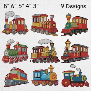 Può includere: Sono esposti nove modelli di treni colorati, ciascuno con combinazioni di colori e dettagli unici. I treni variano in dimensioni, con il più grande di 20 cm e il più piccolo di 7,6 cm. L'immagine include il testo "9 Designs".