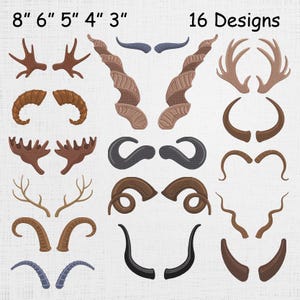 May include: Sixteen different designs of animal horns and antlers in various shades of brown, black, and blue. The sizes range from 3 inches to 8 inches. The text "16 Designs" is displayed at the top right.
