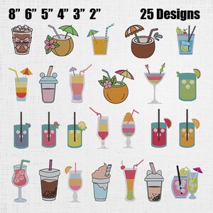 May include: A collection of 25 drink designs, including cocktails, smoothies, and tropical beverages. Each design features a straw and some with decorative umbrellas. The image includes measurements from 2 to 8 inches.