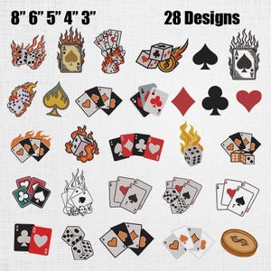 Peut inclure: Une collection de 28 motifs avec des cartes à jouer, des dés et des flammes. Les motifs comprennent différents symboles de cartes, des dés avec des flammes et des combinaisons de cartes. L'image comprend également les mesures 20 cm, 15 cm, 13 cm, 10 cm et 8 cm.