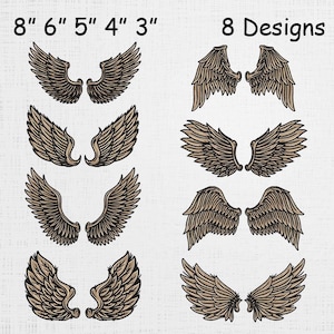 May include: Eight designs of embroidered angel wings in various sizes, ranging from 3 to 8 inches. The wings are in shades of brown and beige, with detailed feather patterns. The text "8 Designs" and size measurements are displayed.