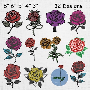 May include: A collection of 12 rose designs in various colors, including red, purple, and yellow. Each rose is depicted with detailed petals and green leaves. The sizes range from 3 to 8 inches.