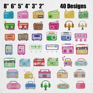 May include: A collection of 40 colourful radio and audio equipment designs in various styles, including boomboxes, portable radios, and microphones. The text 8" 6" 5" 4" 3" 2" and 40 Designs is displayed at the top of the graphic illustration.