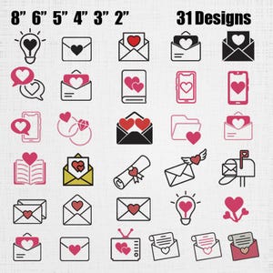 Broderidesignpaket med kärleksbrev - Maskinbroderi med kärleksbrevkuvert - Mönster för romantiska postkuvert - 31 designer i 6 storlekar