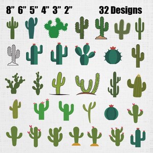 Puede incluir: Una colección de 32 ilustraciones de cactus en varios tonos de verde, con diferentes formas y tamaños. El texto 8" 6" 5" 4" 3" 2" y 32 Designs aparece en la parte superior. Los cactus incluyen variedades redondas, altas y ramificadas, algunas con pequeñas flores rojas o amarillas.