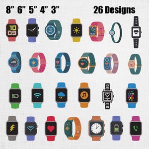 May include: A selection of 26 smartwatch designs, each with a rectangular face and a strap. The watches are in various colours, including red, blue, green, yellow, and pink. The faces display icons, numbers, and symbols. Sizes range from 7.6 to 20.3 cm.