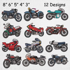 May include: A collection of 12 motorcycle designs in various colors, including blue, red, and black. The designs are labeled with sizes ranging from 3 to 8 inches. The text "12 Designs" is also present.