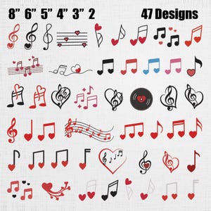 May include: A collection of 47 musical designs, including treble clefs, musical notes, and hearts. The designs are in black, red, and other colors. Sizes range from 2 to 8 inches. The text "47 Designs" is displayed at the top.