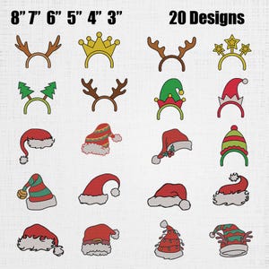 Puede incluir: Una colección de 20 diseños con temática navideña que incluye varias diademas con astas, coronas y estrellas, junto con diversos gorros de Papá Noel y de elfo. El texto 8" 7" 6" 5" 4" 3" y 20 Designs aparece en la parte superior.