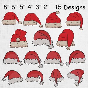 Op de afbeelding: Vijftien rode kerstmutsen met witte imitatiebontafwerking en pompons. De hoeden variëren in ontwerp en grootte, van 5 cm tot 20 cm. De tekst "15 Designs" wordt boven de hoeden weergegeven.