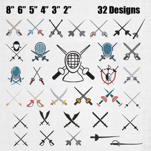 Pode incluir: Uma coleção de 32 designs gráficos com temática de esgrima e espadas, apresentando várias lâminas cruzadas, máscaras e escudos em preto, cinza, azul e vermelho. O texto 8" 6" 5" 4" 3" 2" e 32 Designs aparece no topo da imagem.